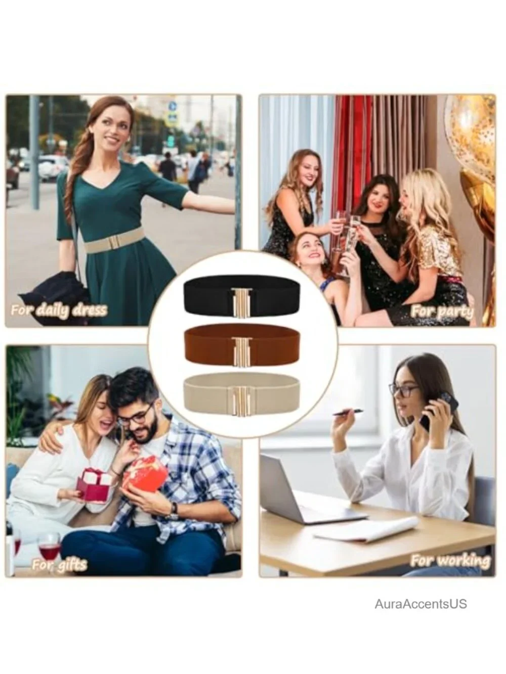 3 Pack Wide Stretch Elastic Belts with Gold Buckle for Dresses